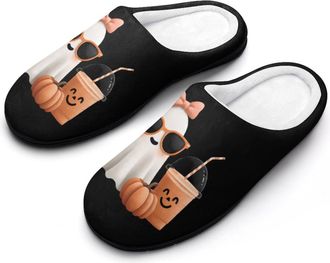 Generic Ghosts Bow Drinking Pumpkins Halloween Slippers Men Winter Warm Cotton Anti-Slip Indoor Slip-Ons House Shoes