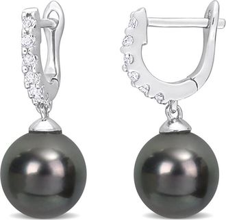 Amour 8.5-9mm Black Tahitian Pearl and 3/8 CT TGW White Topaz Drop Cuff Earrings In Sterling Silver