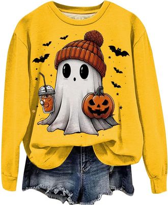 Generic Halloween Sweatshirt Costumes for Women Uk Long Sleeve Cute Ghost Graphic Spooky Season Casual Loose Tops Festival Clothes Pullover Sweatshirt Plus Si
