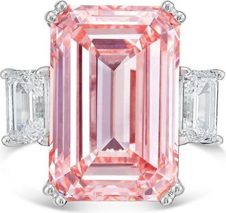Diana M. Jewels Platinum Lab grown 5ct Fancy pink emerald diamond ring with emerald diamonds on the side and micropave band