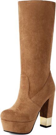 Generic Womens Chunky High Heel Platform Boots Round Toe Faux Suede Mid-Calf Boots Pull on Slouch Boot,Brown,5.5 UK