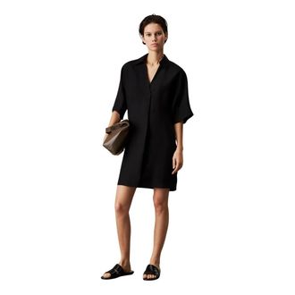Calvin Klein Kl&auml;nning i Lyocell- och Linneblandning - Dames - Shirt Kleedjes - Zwart - S - Linnen - Kleedjes