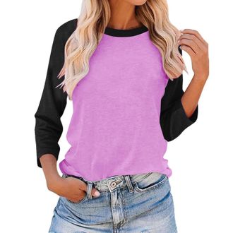 Generic 3/4 Sleeve T-Shirts for Women UK Fashion Colour Block Raglan Sleeves Baseball Tee Shirts Spring Summer Fall Tops Casual Loose-fit Crew Neck Tshirt Blo