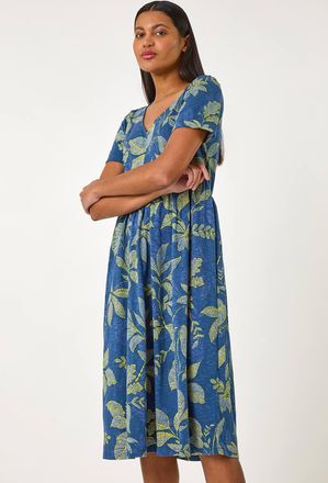 Roman Leaf Print Stretch Midi Dress