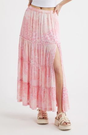BP. Tiered Linen Blend Crinkled Gauze Maxi Skirt in Pink Flora Paisley at Nordstrom, Size Xx-Small