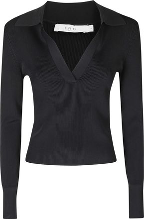 Iro Waves Ribbed Deep V-Neck Polo Collar Viscose Top