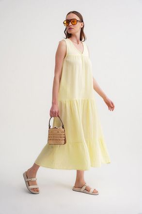 Mixray Mouwloze V-hals Muslin Midi-jurk met zakken