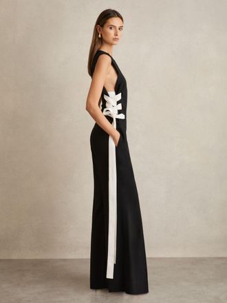 Reiss Navy & white Lace-up Side Wide-leg Jumpsuit, 8