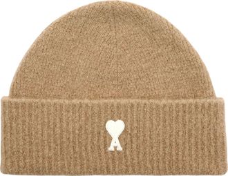 Ami Beige Ami de Coeur Ribbed Wool Beanie