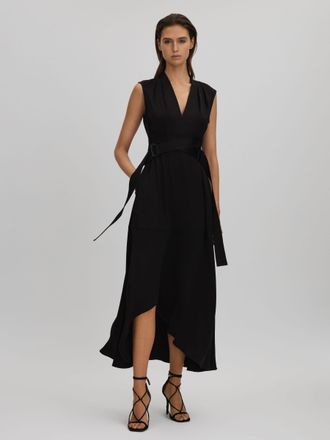 Reiss Womens Black Strappy Asymmetric Midi Dress, Size: 8