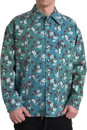 Dolce & Gabbana Blue Floral Cotton Button Down Denim Mens Shirt