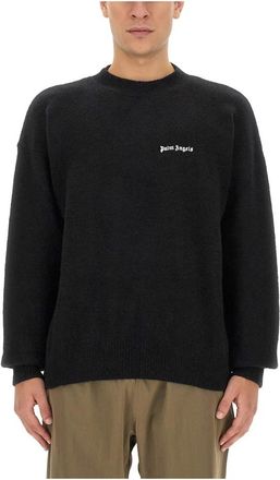 Palm Angels Basic Logo Sweater - Heren - Ronde hals truien - Zwart - S - Wol - Truien & Vesten