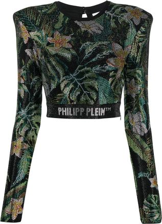 Philipp Plein crystal-embellished long-sleeved top - women - Cotton/Spandex/Elastane - S - Black