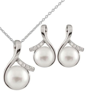 Splendid Pearls Rhodium Over Silver 8-10Mm Pearl Necklace & Earrings Set