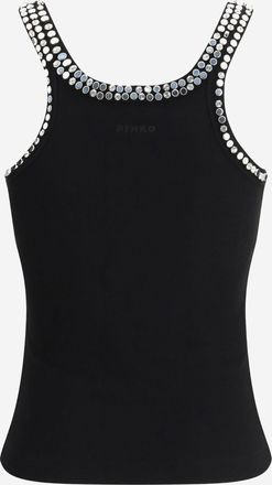 Pinko Womens Ribbed Top With Jewel Embroidery, Black Cotton Tops