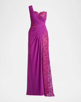 Tadashi Shoji Calandra Embroidered Pleated One-Shoulder Gown