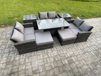 Fimous Wicker Rattan Garden Furniture Set Height Adjustable Rising Lifting Table Sofa Dining Set with Double Seat Sofa in Dark Grey