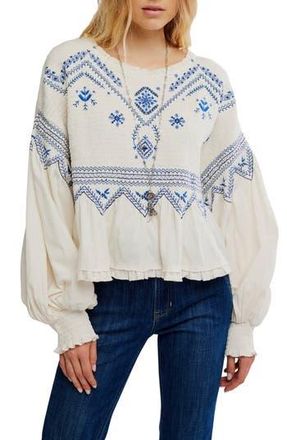 Free People Holly Smocked Embroidered Top in Eggnog Combo at Nordstrom Rack, Size X-Large
