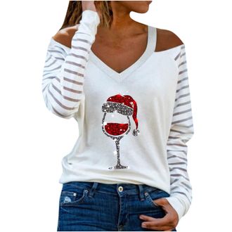 Generic Womens Christmas Jumpers Novelty Blouses Xmas Wine Glass Sweatshirt V Neck Pullover Long Sleeve Tops Loose Fit Blouse Christmas Tree Jumper Casual Swe