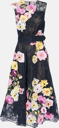 Oscar De La Renta Abito midi Orchid in pizzo con ricamo