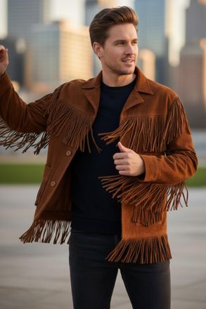 Infinity Leather Heren Western Retro Tan Cowboy Su&egrave;de Leren Fringe Jas - Karmozijnrood