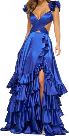 Sherri Hill Floaty Backless Gown With Ruffle Skirt And Slit In Ocean Blue