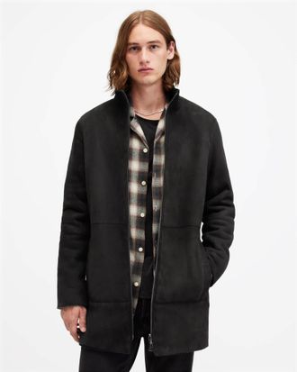 AllSaints Suede Stride Funnel Neck Shearling Coat, Size: M