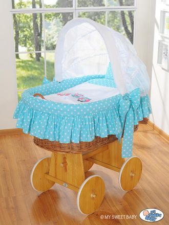 OEM Mois&eacute;s Con Capota - B&uacute;hos Naturales + Ropa De Cama Turquesa Y Blanca Con Bordados