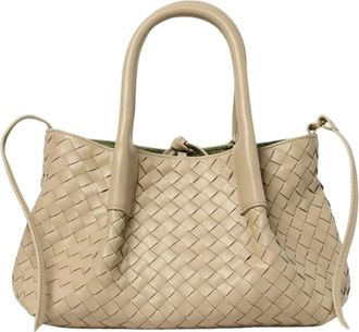 Bottega Veneta Tassen, Dames, Beige, ONE Size, Leer, Leren Handtas met Intrecciato Weefsel en Top Handvatten