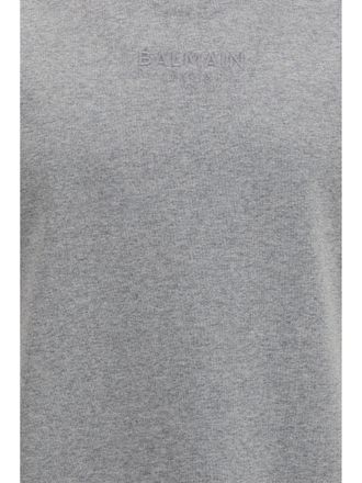 Balmain Mens T-Shirt Embroidered Logo Heather Grey-Heather Grey Cotton T-Shirts Grey/heather And Polos