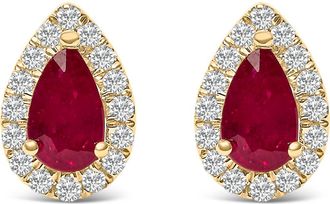 House of Brilliance 10K Yellow Gold 5X3 MM Pear-Cut Ruby and 1/7 Cttw Diamond Halo Stud Earrings at Nordstrom