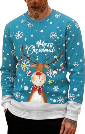 Generic Ugly Christmas Jumpers for Men Crew Neck with Long Sleeves, Warm Cosy Xmas Jumper Funny Christmas Sweater Men Novelty Graphic Reindeer Snowflakes Knit