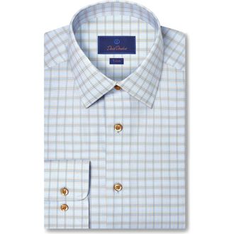 David Donahue Trim Fit Dobby Check Cotton Dress Shirt in Sky/Dune at Nordstrom, Size 14.5 - 32