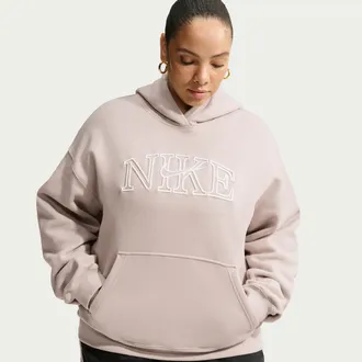 Nike Womens Studio Fleece Medium Weight Oversized Pullover Logo Hoodie in Brown | IM9832-236