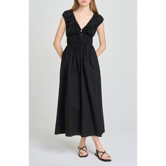 Wayf Liv Ruched Stretch Cotton Poplin Midi Dress in Black at Nordstrom, Size X-Large