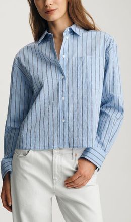 Mavi Stripe Long Sleeve Crop Cotton Blend Button-Up Shirt in Blue Striped at Nordstrom, Size Small