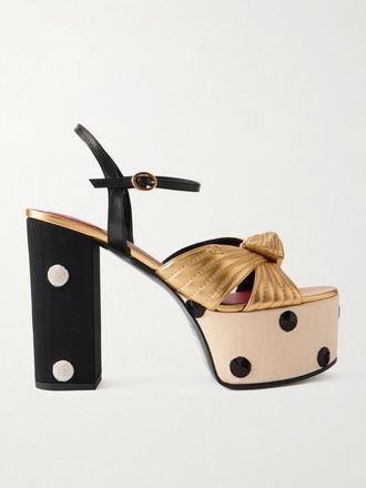 Valentino Garavani Sandali In Moir&eacute; E Pelle Con Plateau, Nodo E Paillettes Crasher 125 - Oro