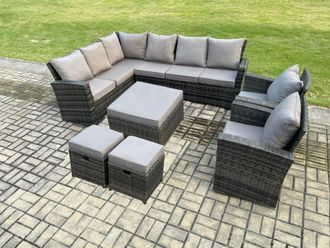 Fimous 11 Seat Rattan Garden Furniture Corner Sofa Set Outdoor Patio Sofa Chair Table Set in Dark Grey
