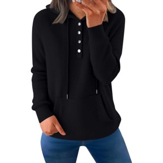 Generic Ladies Solid Color Hoodies Long Sleeve Button Sweatshirts with Kangaroo Pockets Ribbed Cuff Drawstring Casual Pullovers Classic Feelcozy Tops Soft War