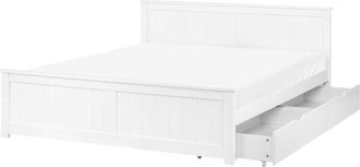 Beliani Bed Frame White Pine Wood MDF EU King Size 5ft3 with Drawers Headboard Minimalist SABRAN