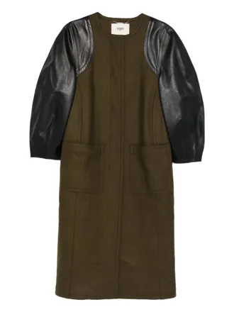 Fendi leather-sleeves wool coat - women - Viscose/Lamb Skin/Wool/Silk - 40 - Green