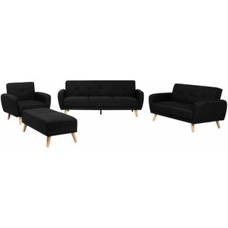 Beliani Set Soggiorno in Tessuto Nero Divano 3 e 2 Posti 1 Poltrona 1 Pouf Florli