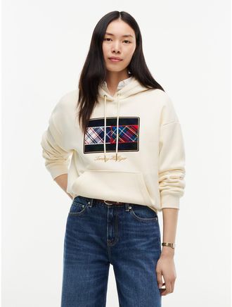 Tommy Hilfiger Womens Mixed-Plaid Flag Brushed-Back Hoodie - Rich Cream - XXL