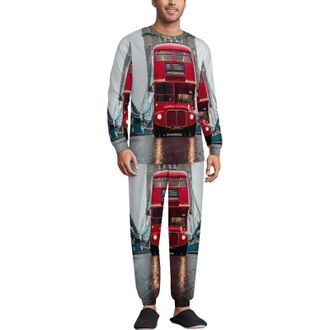 Generic Red London Double Decker Bus at Tower Bridge Soft Pajama Set Long Sleeve Lounge Sets Comfortable Sleepwear 2 Pjs Nightwear for Men Women