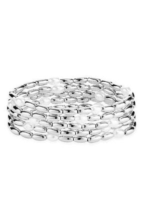 Open Edit Set of 5 Cultured Pearl Beaded Stretch Bracelets in White- Silver at Nordstrom Rack