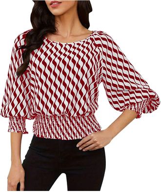 Generic 3/4 Lantern Sleeve Smocked Tops for Women UK Geometric Pattern Crop Top Shirts Ladies Shirred Waist Blouse Summer Fall Casual Office Work Colour Block