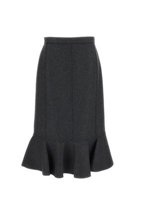 Plan C Grey Double Wool Ruffled Midi Skirt