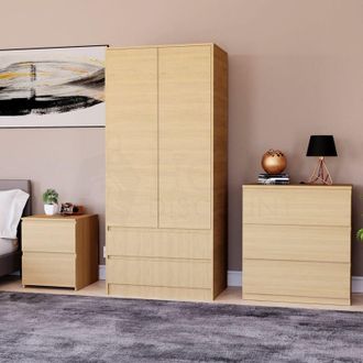 Home Discount Home Discount - 3 Piece Denver Bedroom Set, 2 Drawer Large Bedside Chest, 3 Drawer Chest, 2 Door 2 Drawer Wardrobe, Pine