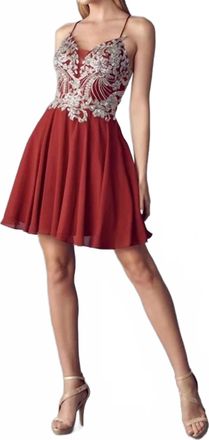 Juliet Rhinestone Embellished Chiffon Short Dress In Burgundy