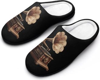 Generic Vintage Gramophone Funny Mens Cotton Slippers Soft Non-Slip Rubber Sole House Slipper Indoor Outdoor